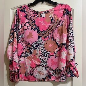 Talbots Pink Floral Blouse Top With Bows Accent Sleeves Button Up Back PETITE S